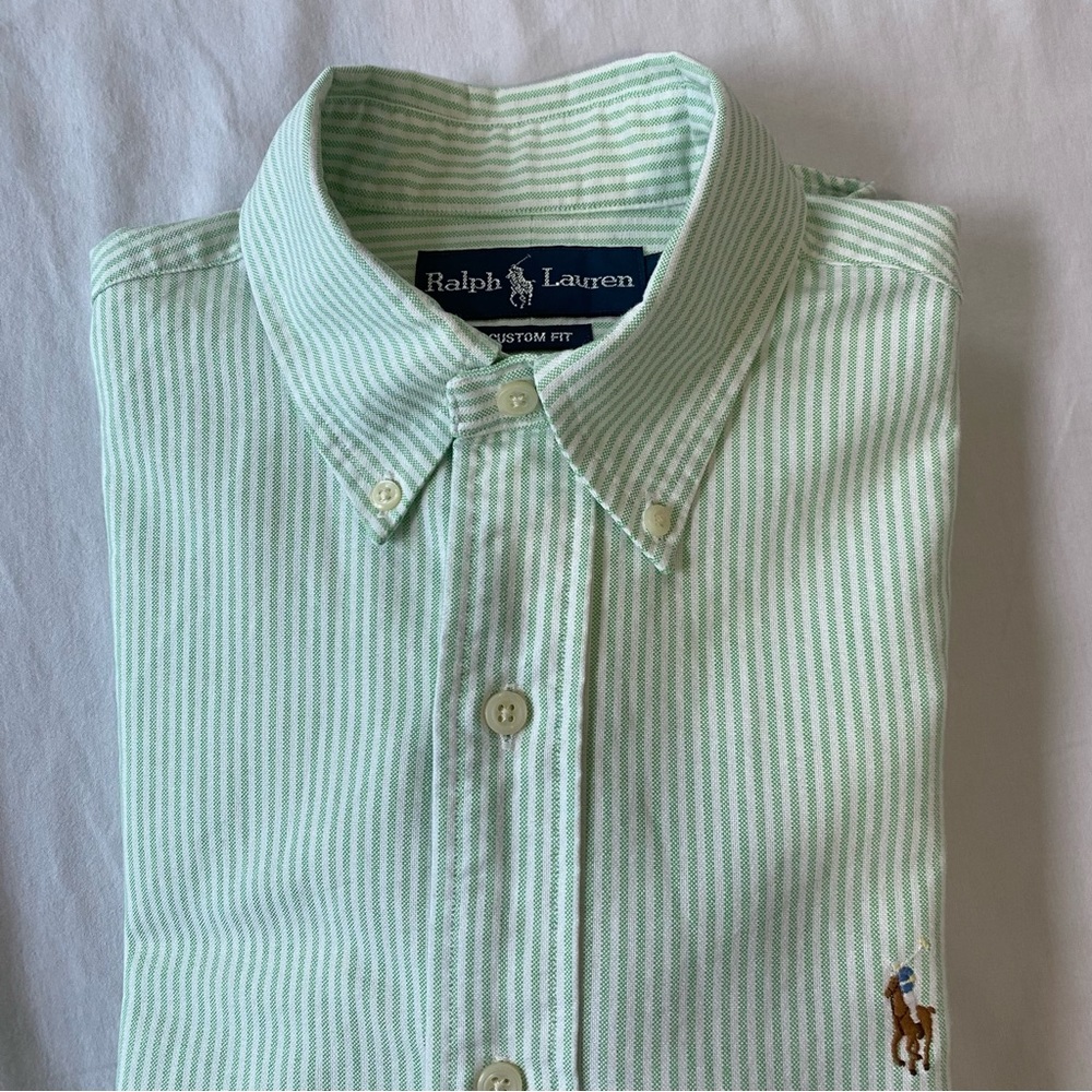 Polo Ralph Lauren men's green & white stripe oxford cloth button-down shirt, XS